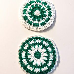 VTG Set of 2 Crochet Pot Holder- Trivet 7” Green & White ~ Double Thickness EVC!